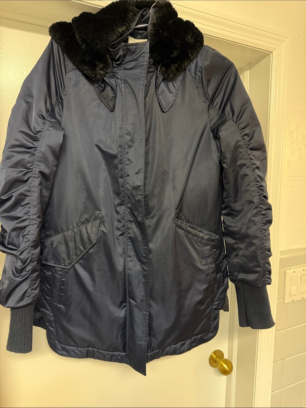 10 Crosby Derek Lam Navy Puffer Coat with Black Fur hood:Collar